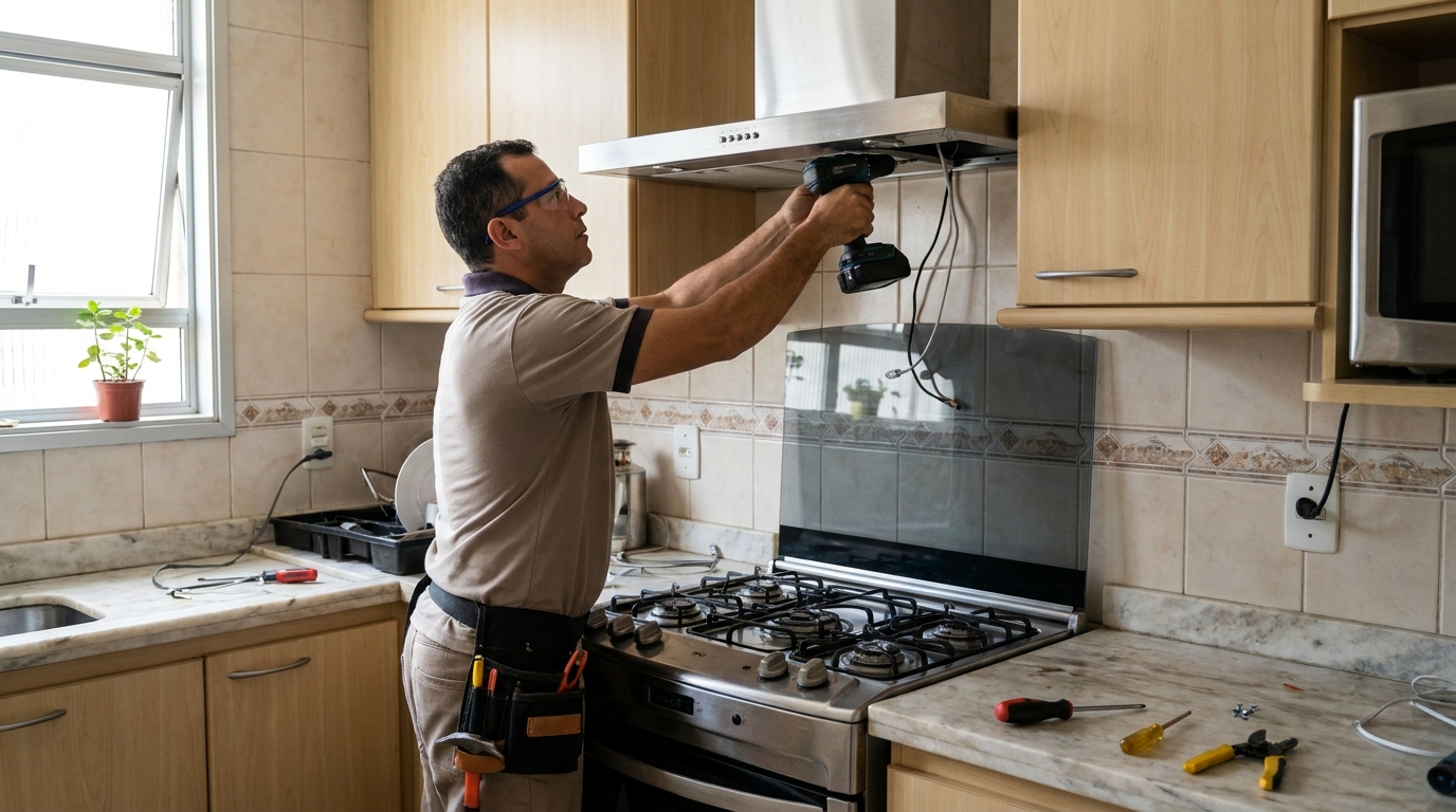 Eletricista instalando coifa em Joinville‑SC