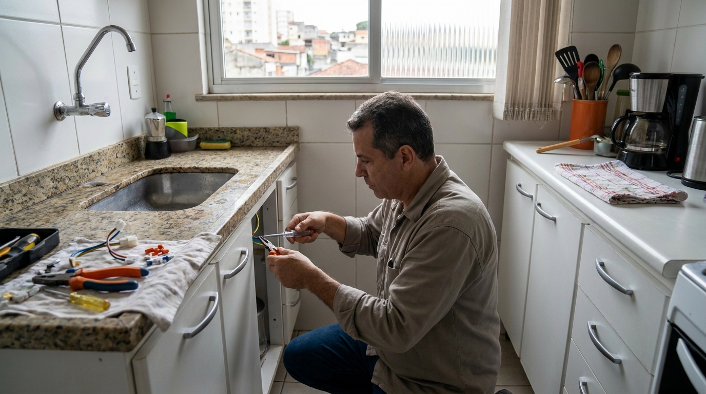 Eletricista instalando torneira eletrica em Joinville‑SC